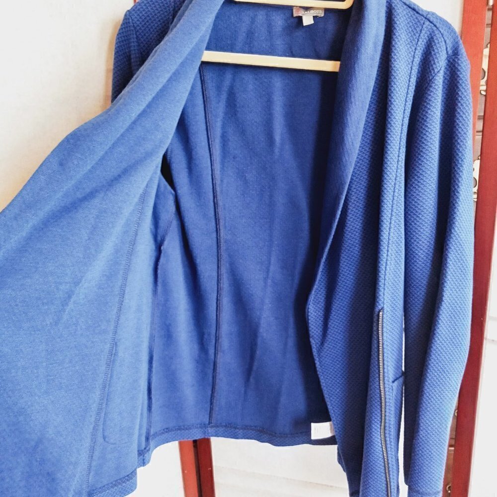 Talbots Jacket Shawl Collar Seaming Detail Half Zip Moto Style Blue Petite Large - Picture 4 of 11